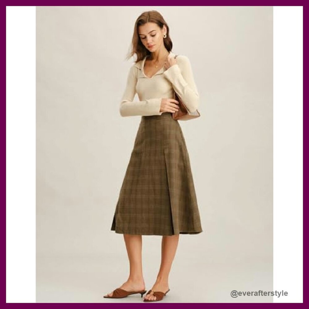 Vintage Plaid A-Line Midi Skirt High Waist Elegant Retro Wool-Blend Pockets - Picture 3 of 6
